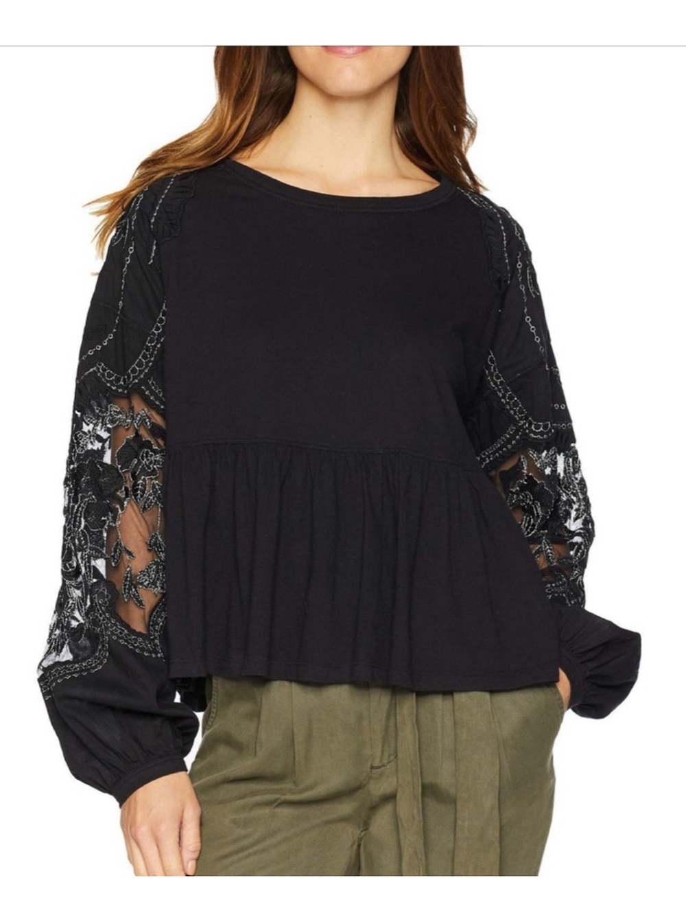 Free People Sz L Black Penny Peplum Long-Sleeve Top with Embroidered Sleeves